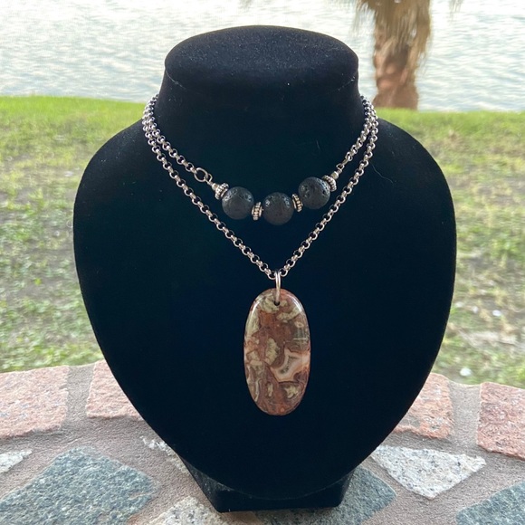 Double layer necklace lava rock red leopard jasper - Picture 3 of 11